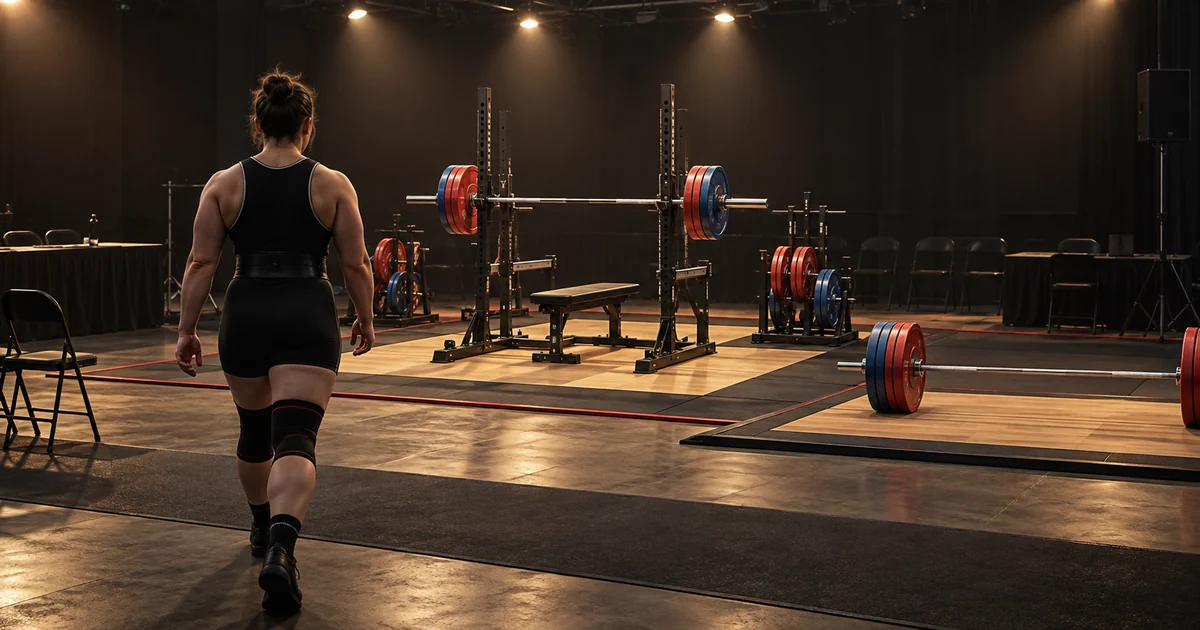Illustration of a lifter approaching a prepared powerlifting platform with a combo rack, bench and deadlift bar