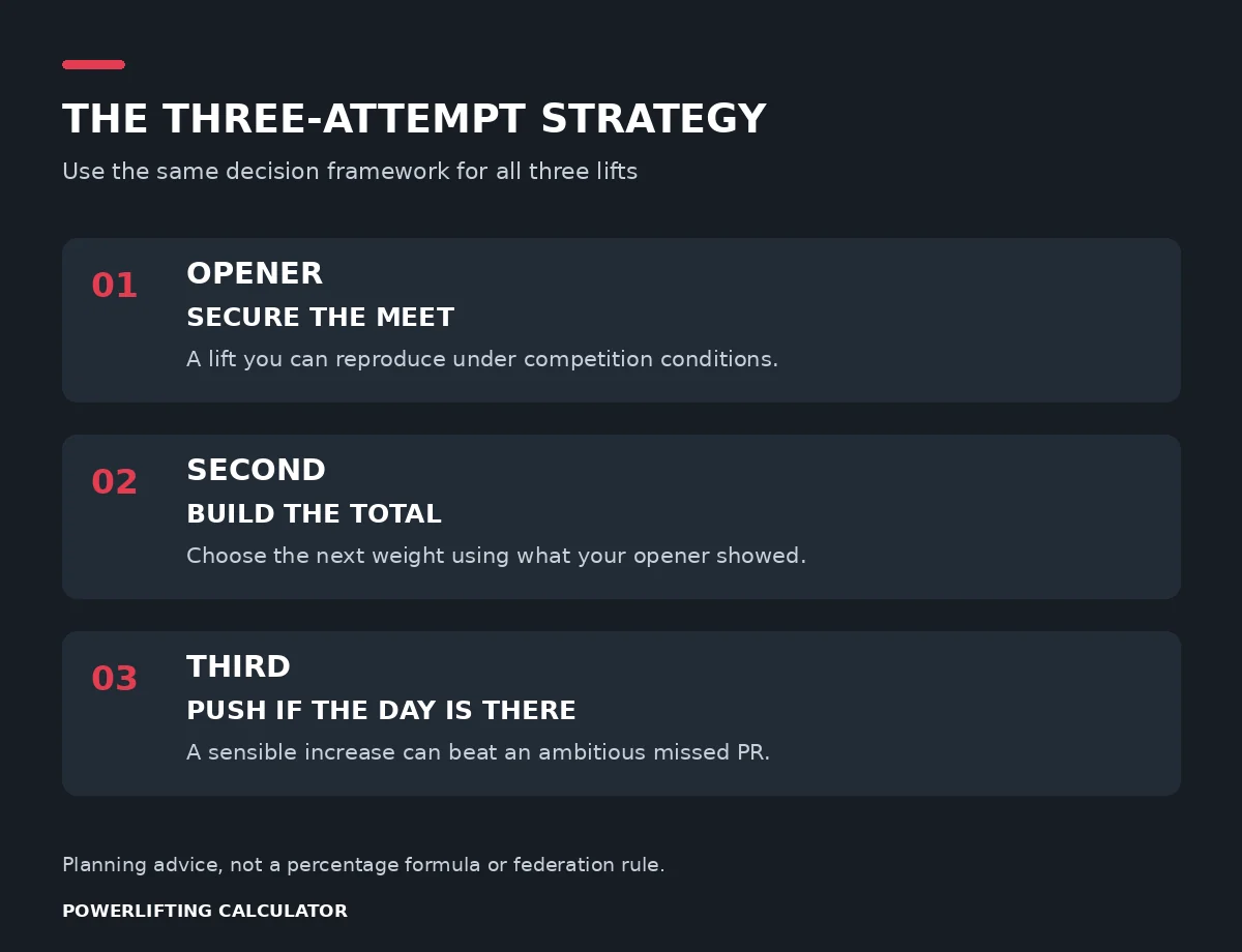 Attempt strategy: opener secures the meet, second builds the total, third pushes only when performance supports it