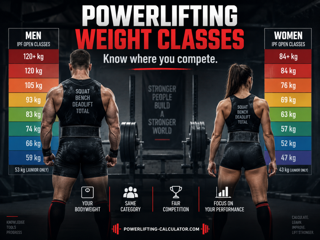 Powerlifting weight classes for men and women showing IPF Open bodyweight categories