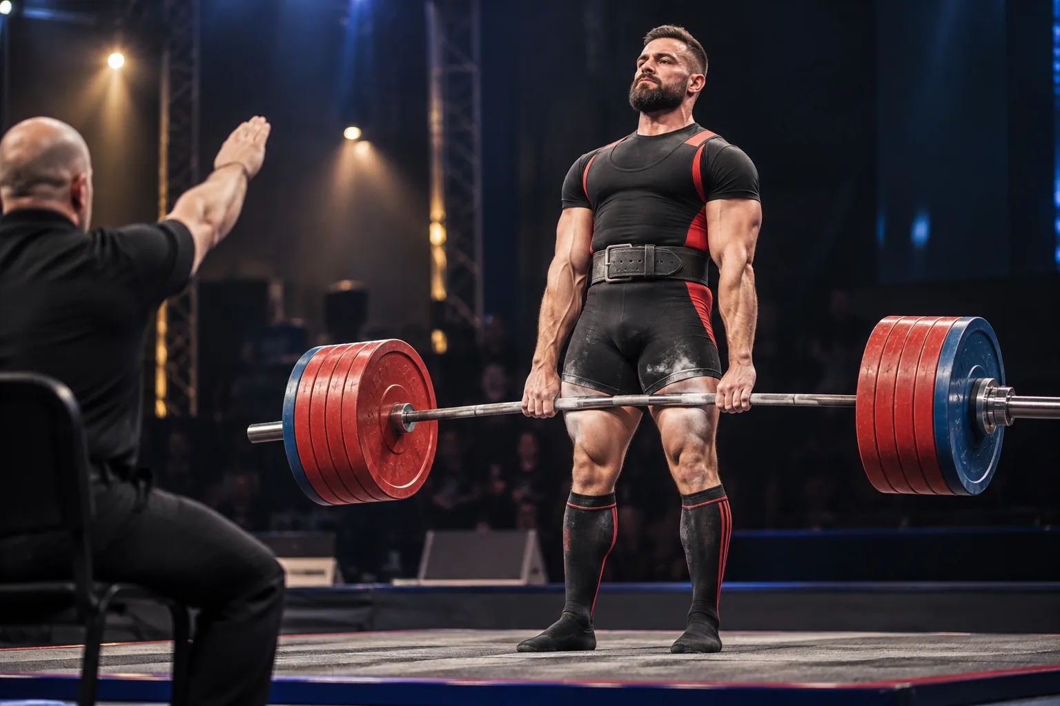 Illustration of a powerlifter holding a competition deadlift at lockout beside a referee