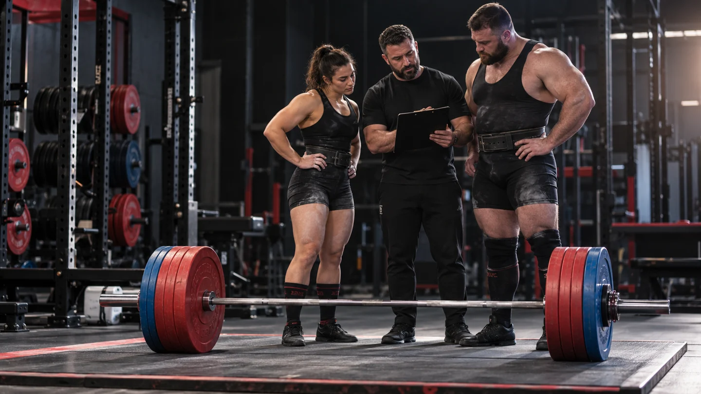 Two powerlifters of different body sizes reviewing meet results with a coach beside a competition barbell