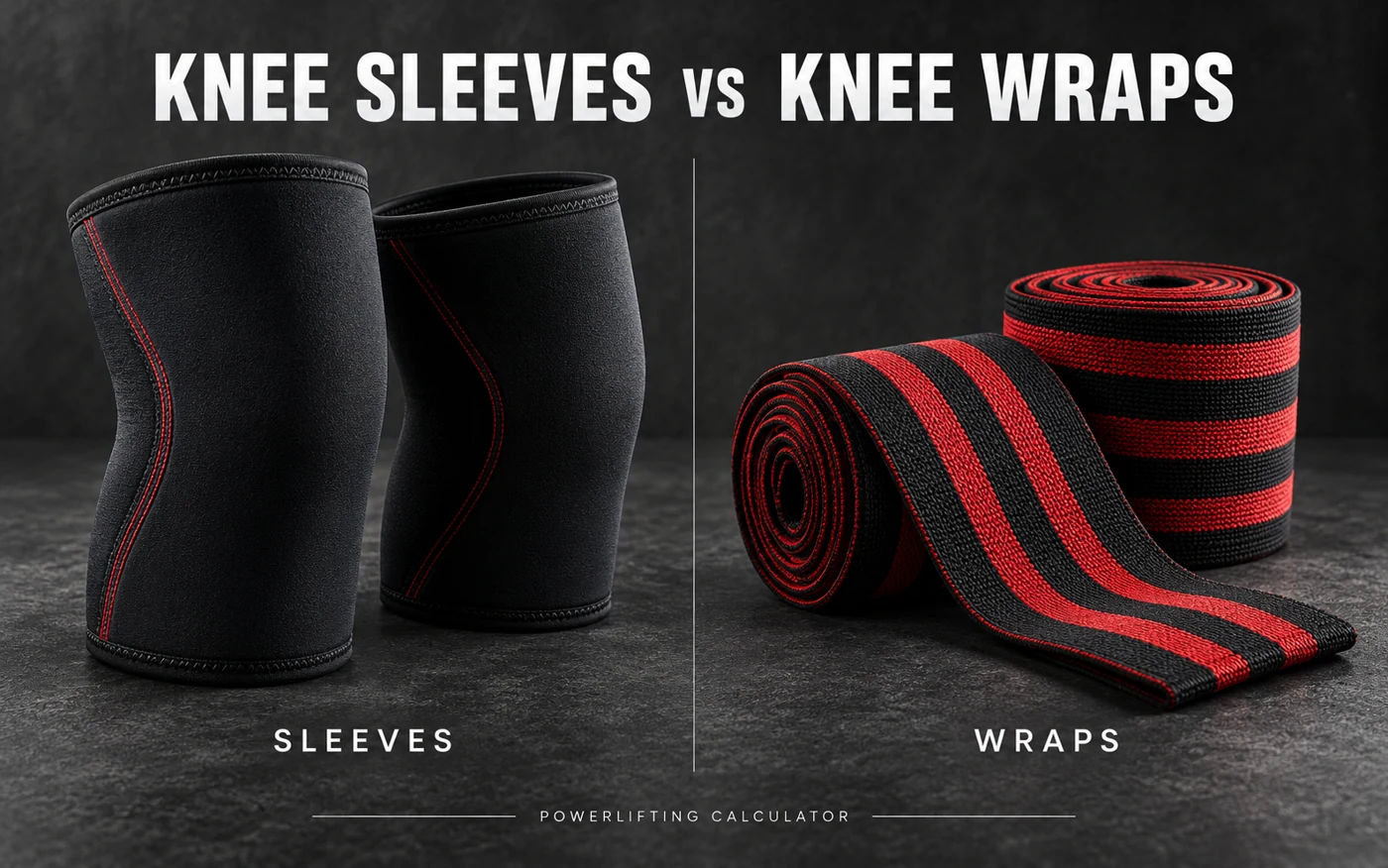 Black neoprene knee sleeves beside red-and-black elastic knee wraps