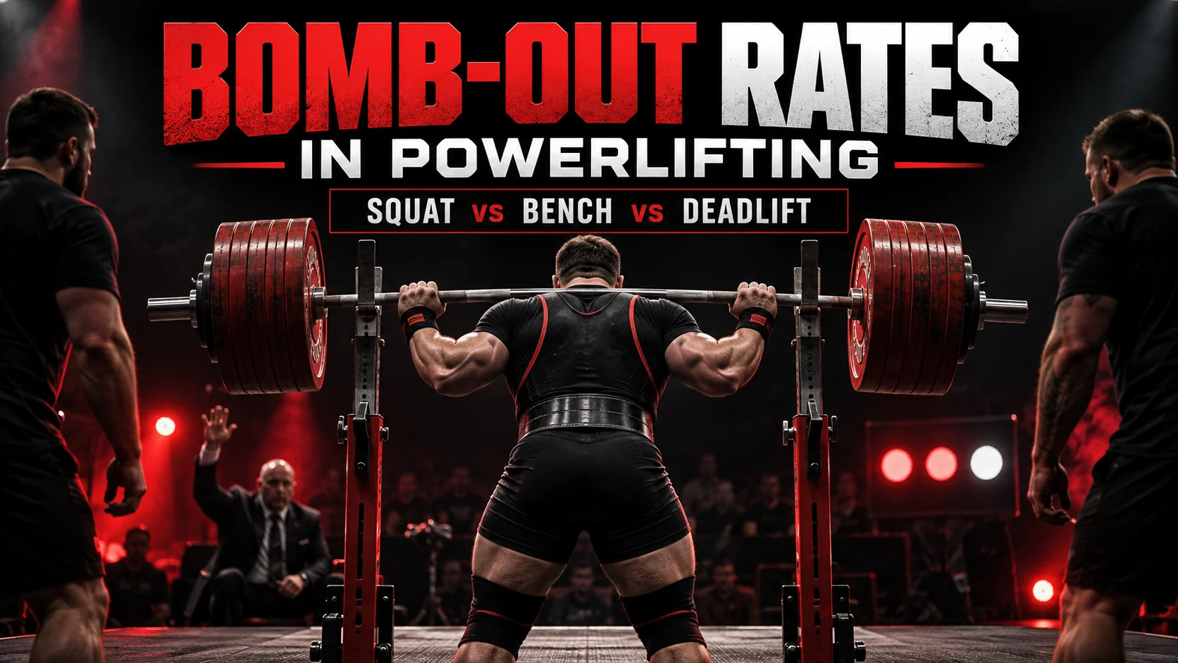 Illustration of a powerlifter preparing to squat with spotters, with the headline Bomb-Out Rates in Powerlifting: Squat vs Bench vs Deadlift.