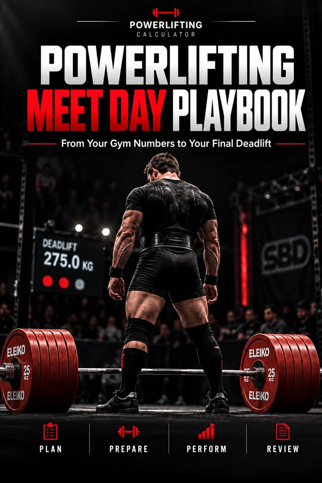 Powerlifting Meet Day Playbook cover with a lifter preparing for a 275 kg deadlift