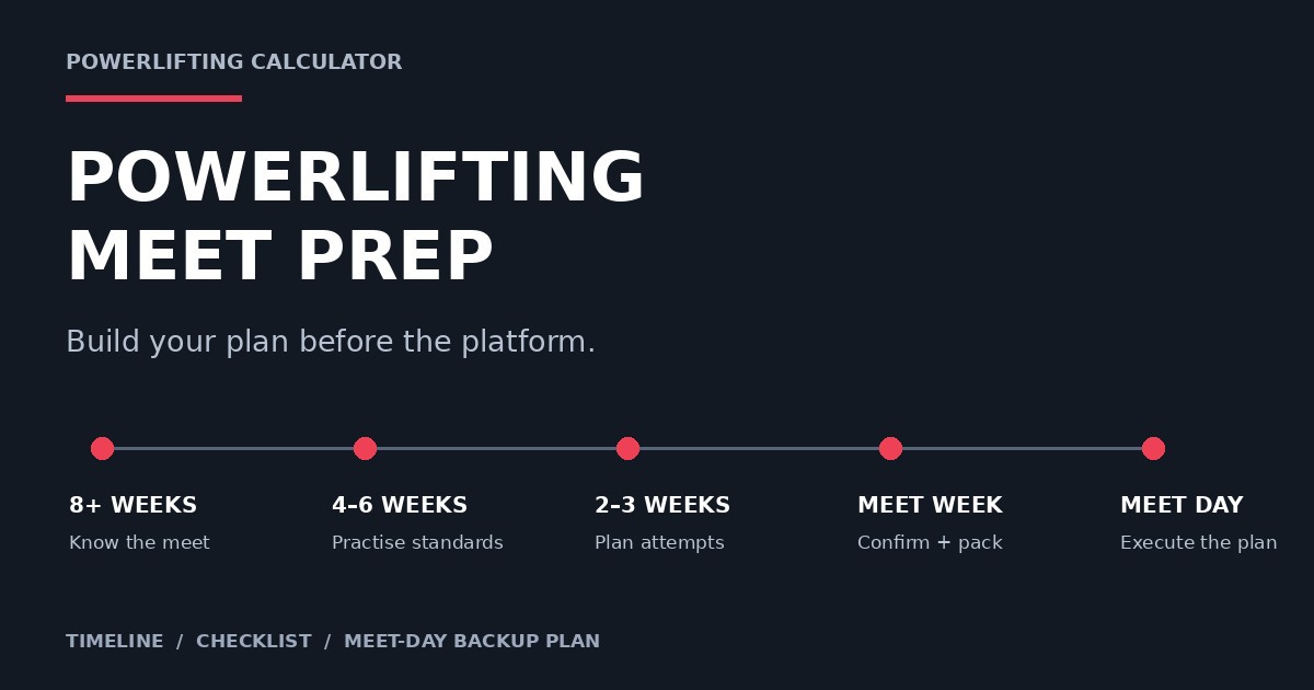 Powerlifting meet prep timeline: know the meet, practise standards, plan attempts, confirm and pack, then execute on meet day.