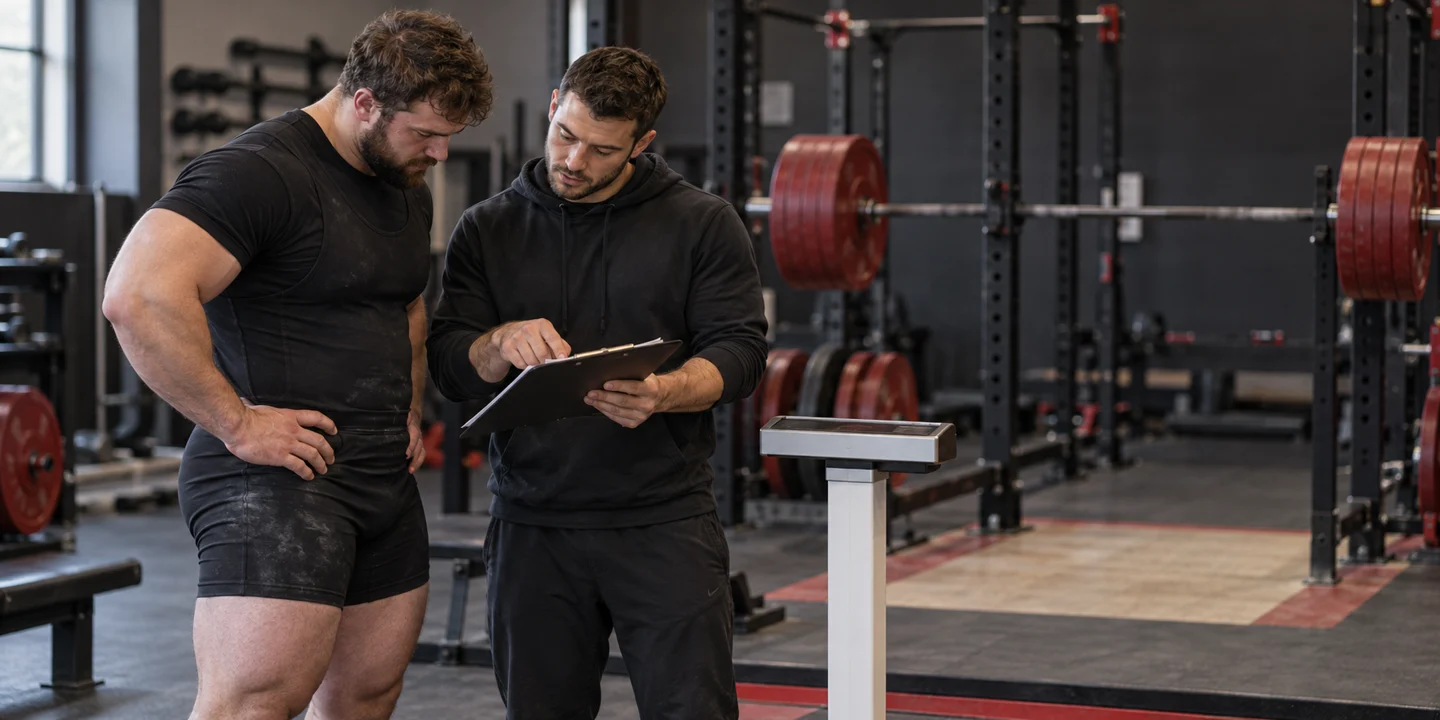 Powerlifter and coach reviewing a weight-class plan beside a scale in a gym