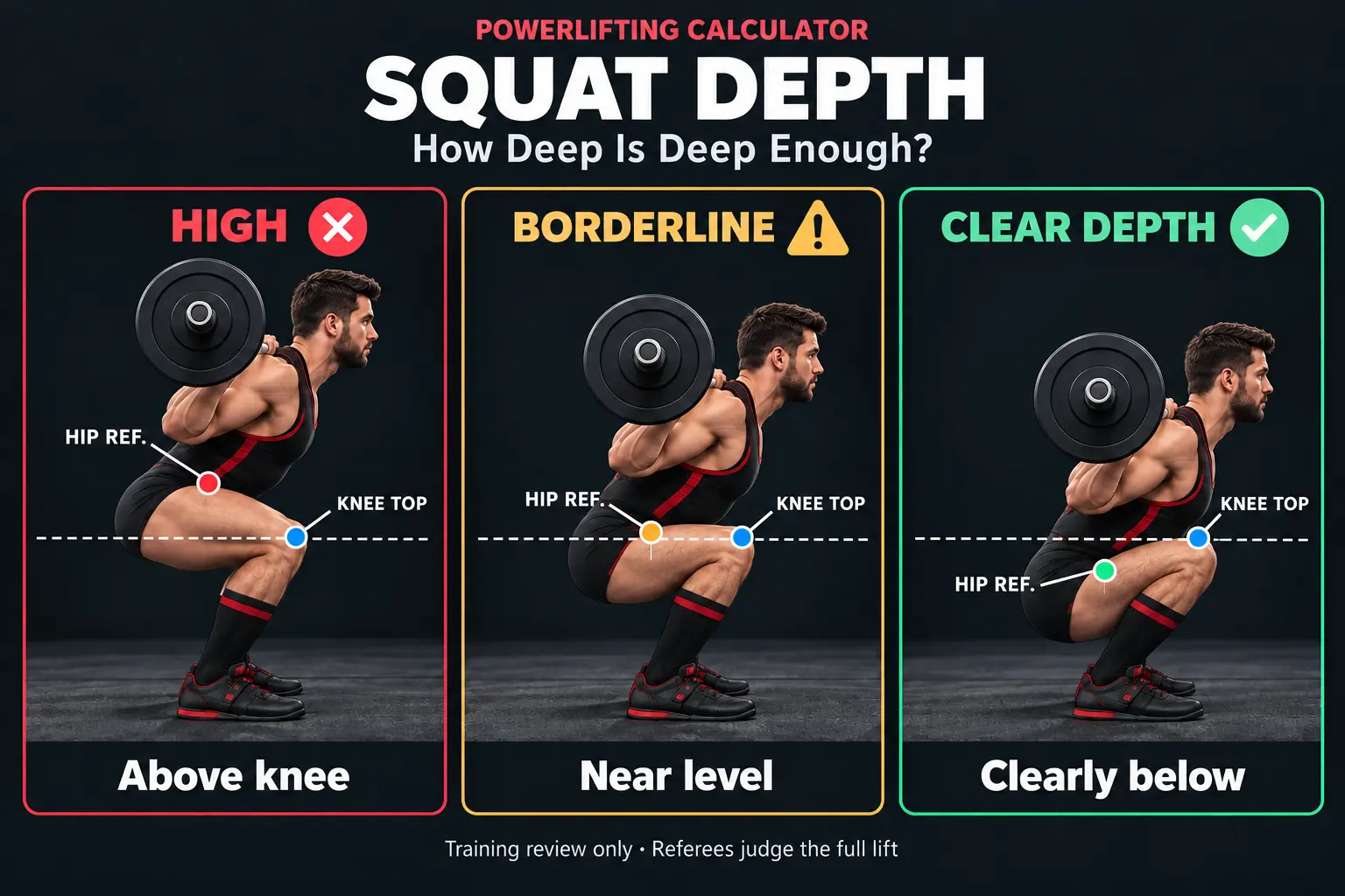 Illustrated powerlifter in three squat positions: hip reference above, near level with, and below the knee reference line. Training examples only.